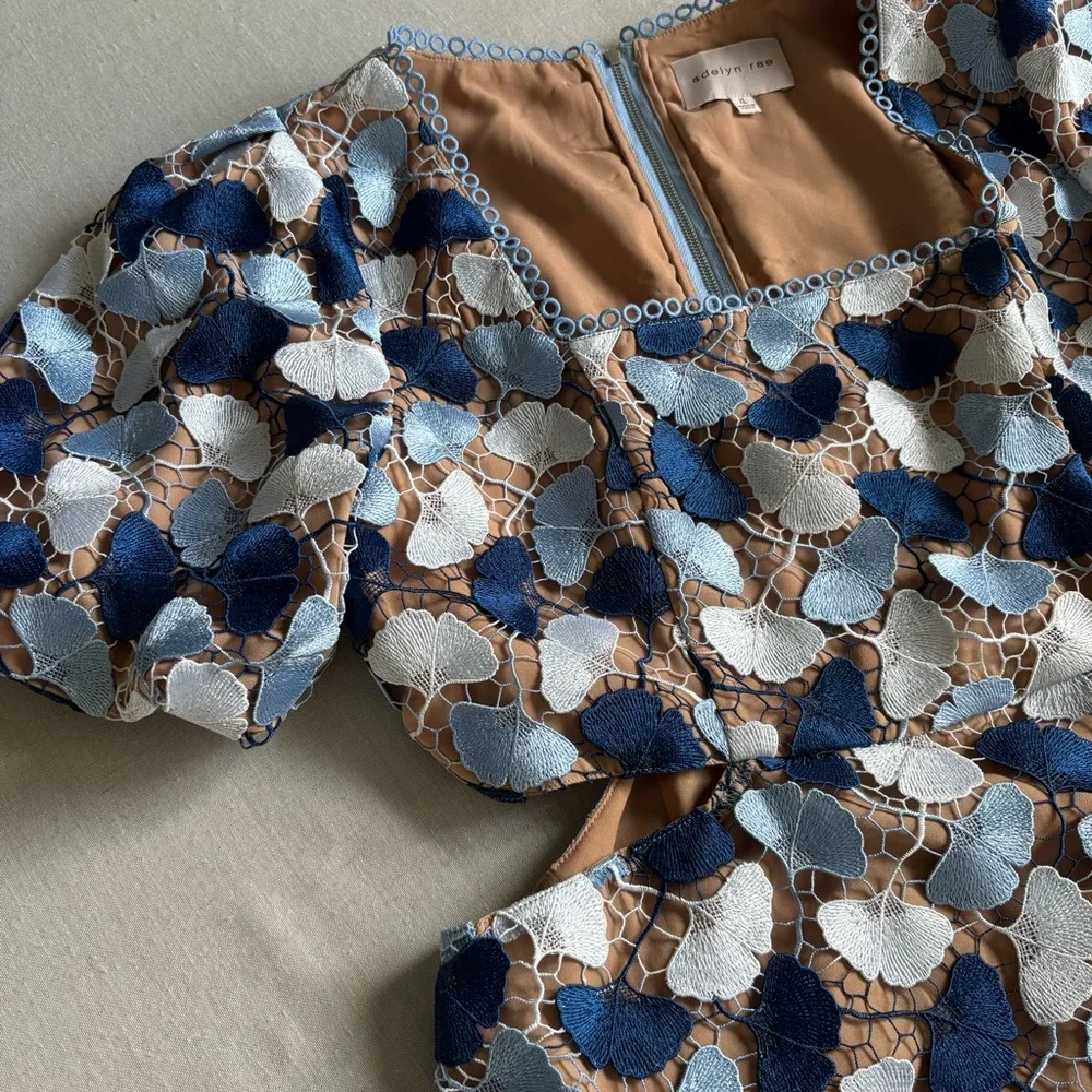 Adelyn Rae Blue Floral Lace Mini Dress XL | Puff Sleeve Cocktail Dress - Picture 10 of 10